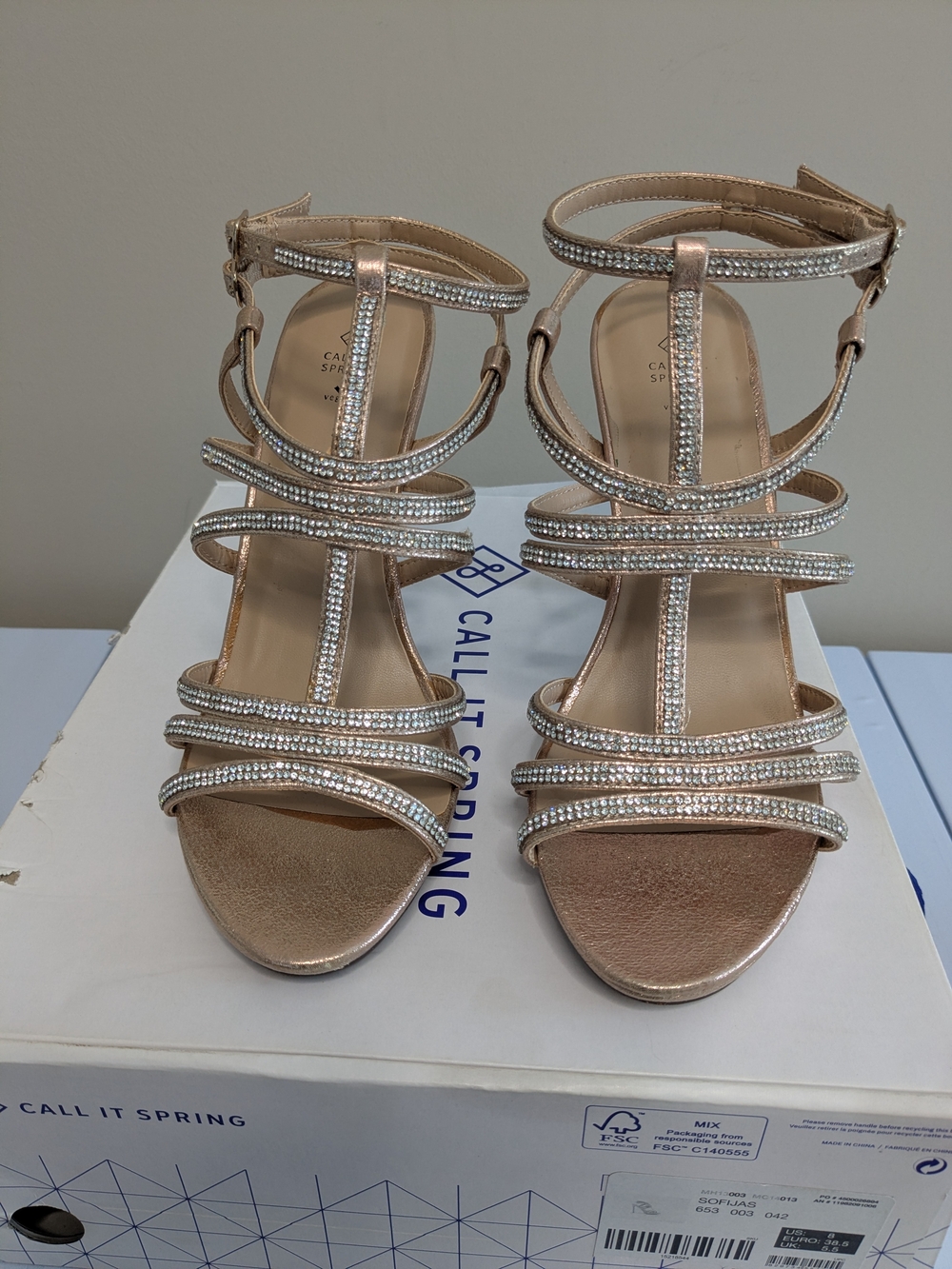 Call It Spring Rose Gold Strappy Rhinestone High Heels - Picture 2 of 5